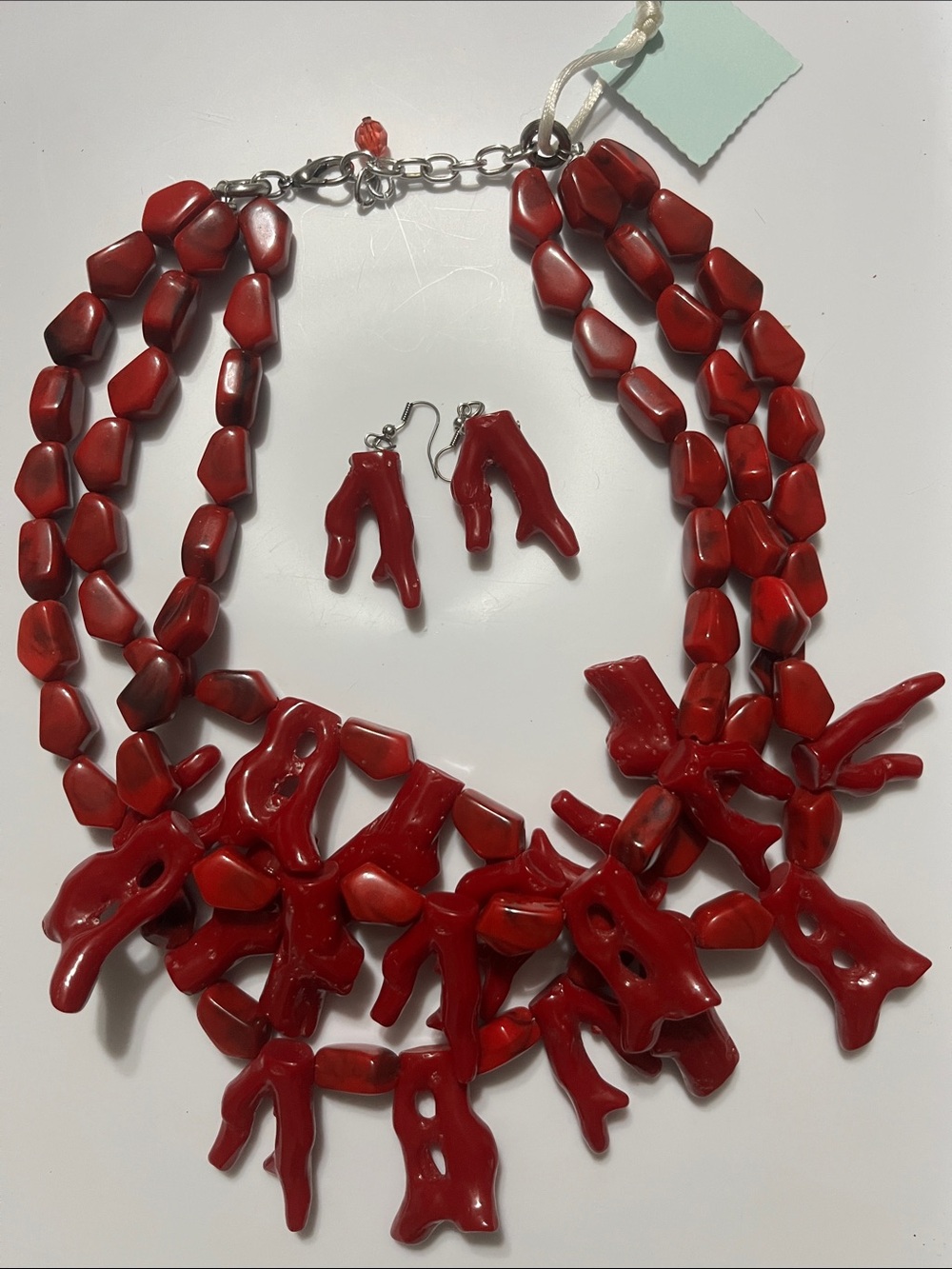Bold Faux Red Coral- Multi-Strand Necklace with Matching Earrings